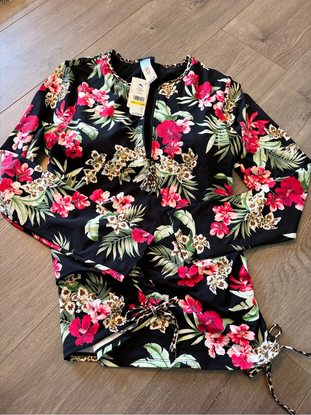 Tommy Bahama Black Floral Long-Sleeve Swim Top with Pink & Green Accents